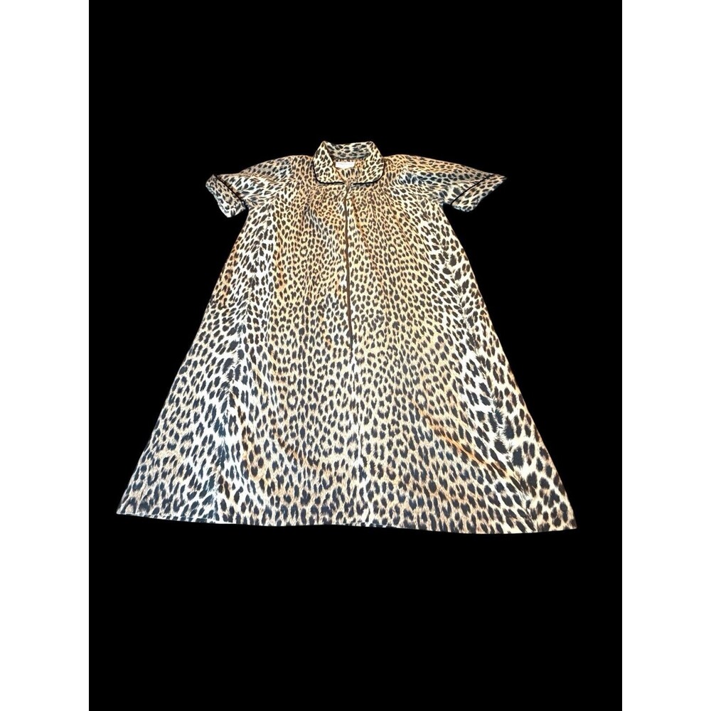 Vtg Homebodies By Leisure Life Gown Maxi Black Cheetah Med Mrs Roper Kaftan Mumu